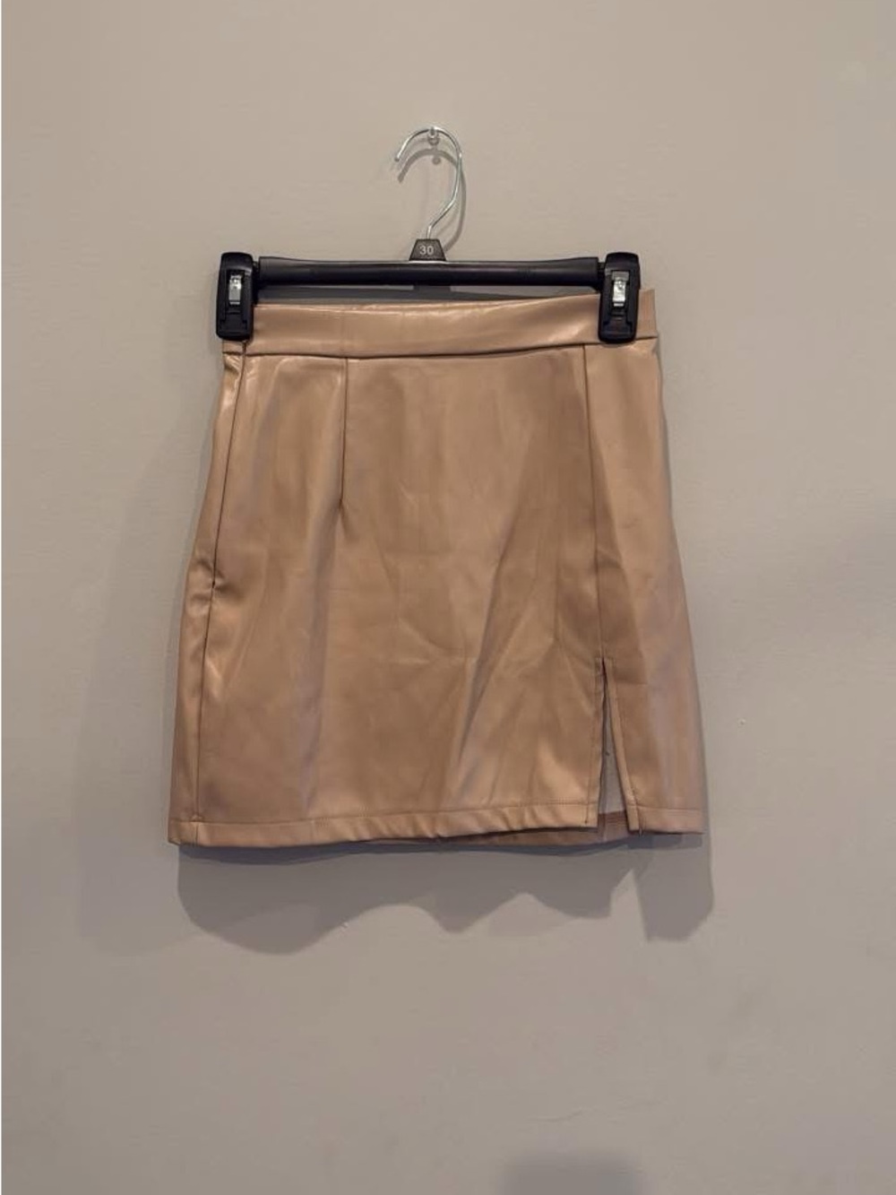 Beige Faux Leather Mini Skirt with Front Slit
